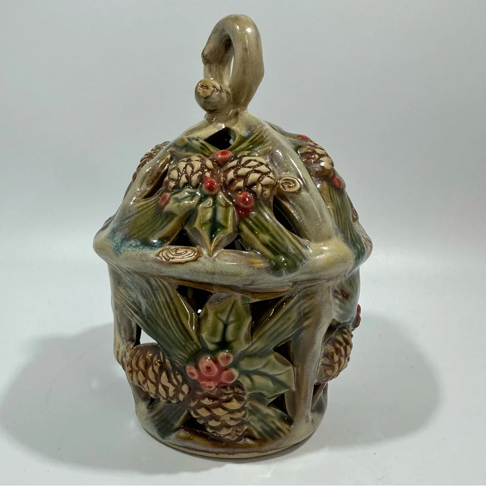 Vintage Hanging Holly Pinecone Holiday Winter Christmas Candle Holder Ceramic